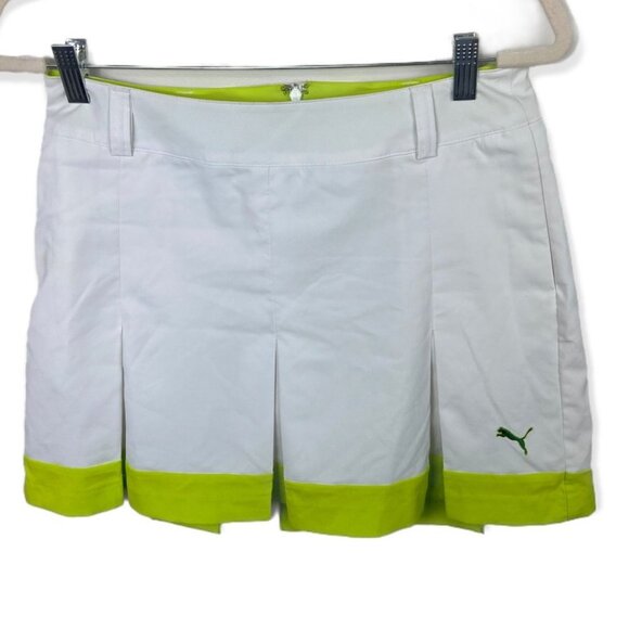 Puma Pleated Tech Golf Skirt White Neon Yellow Skort Trim Pocket Size 0 Tennis - Picture 1 of 14